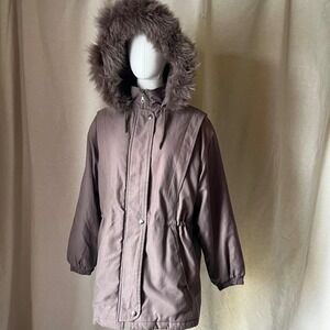 Vintage Mauve Taupe Parka Coat w/ Fox Fur Hood Trim Bromley Sport Thermolite M